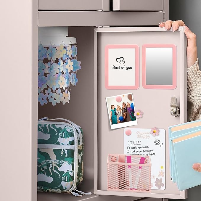Magnetic Locker Accessories Set, Back to School Essentials (with Magnetic Whiteboard, Locker Mirror, Pen Holder, Marker, Round Magnet) School Locker Decor, Work Locker Organizers-Pink