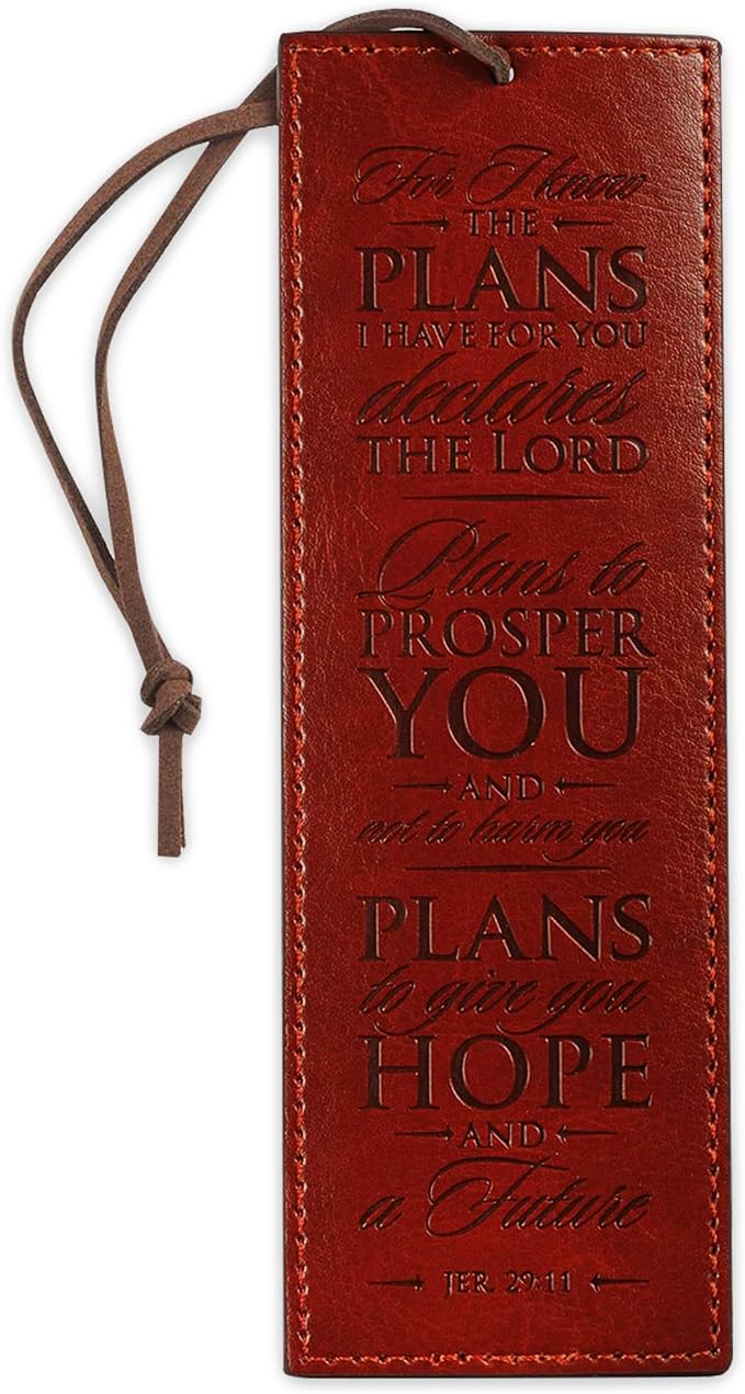 Christian Art Gifts Premium Vegan Leather Scripture Bookmark for Men: I Know The Plans - Jeremiah 29:11 Inspirational Bible Verse, Heat-Debossed, Faith-Based Reading Accessory, Brown with Cord Tassel