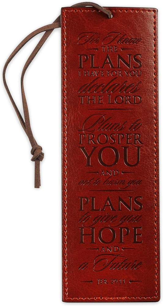 Christian Art Gifts Premium Vegan Leather Scripture Bookmark for Men: I Know The Plans - Jeremiah 29:11 Inspirational Bible Verse, Heat-Debossed, Faith-Based Reading Accessory, Brown with Cord Tassel