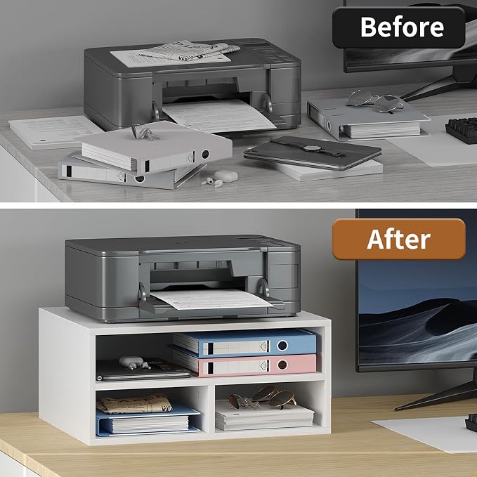 Desktop Printer Table with Storage, 2 Tier Printer Stand for Desk, Desk Organizers and Accessories for Home Office, White