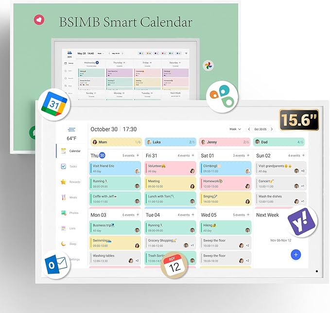 BSIMB 15.6 Inch Digital Calendar - Chore Chart, Meal Planner, Rewards System, Photo Display, Smart Electronic Calendar Touchscreen Interactive Hearth Display for Family Schedules, Seamless Scheduling White