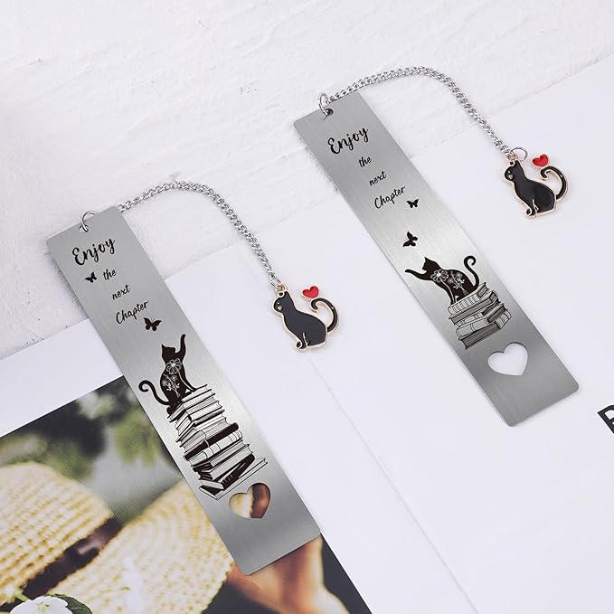 Cute Cat Metal Bookmark - 2 PCs Enjoy The Next Chapter Bookmarks Reading Women Men Teachers Retirement Gifts Book Markers Pendant Book Cat Lovers Readers Students Family Friends Birthday