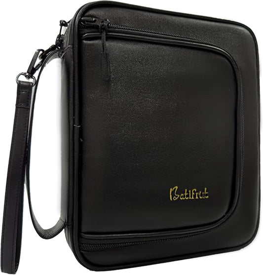 Men's Leather Bible Cover with Zipper Pockets - Black Bible Carrying Case for Church, Study, Travel - Protective Bible Cover Case for Men, Women, Boys