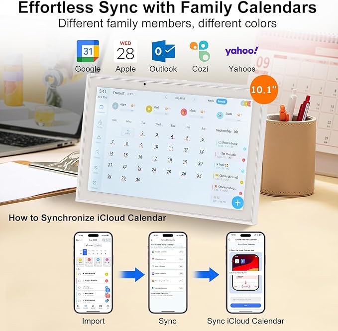 Digital Calendar 10.1'' WiFi Smart Family Calendar,Sync with Google, Apple & Outlook,Touchscreen Interactive Chore Chart & Cloud Photo Frame,Wall Mounted Family Command Center, Ideal Gift for Mom Dad (No Subscription Fees)