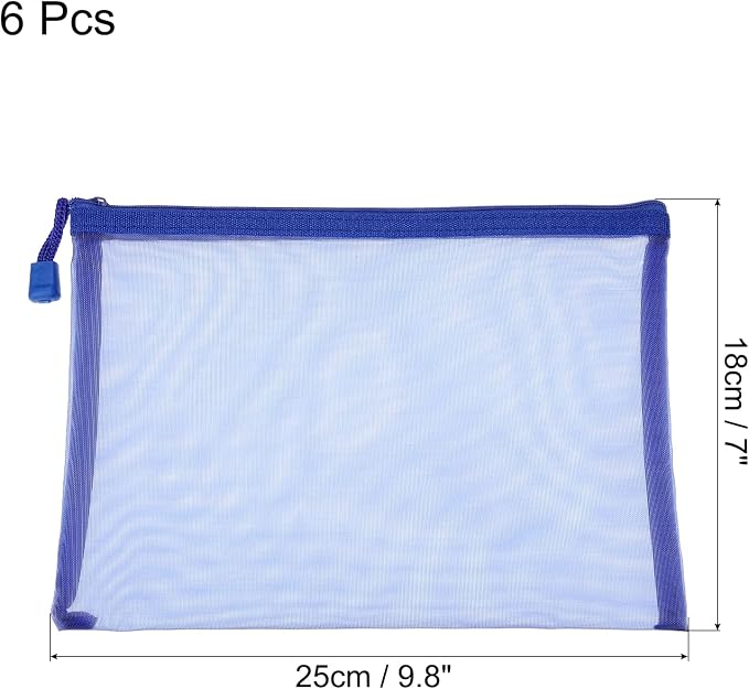 MECCANIXITY Mesh Zipper Bags, A5 Nylon Zip Pouch Pencil Case Storage Pockets for Travel Office Accessories, Blue Pack of 6