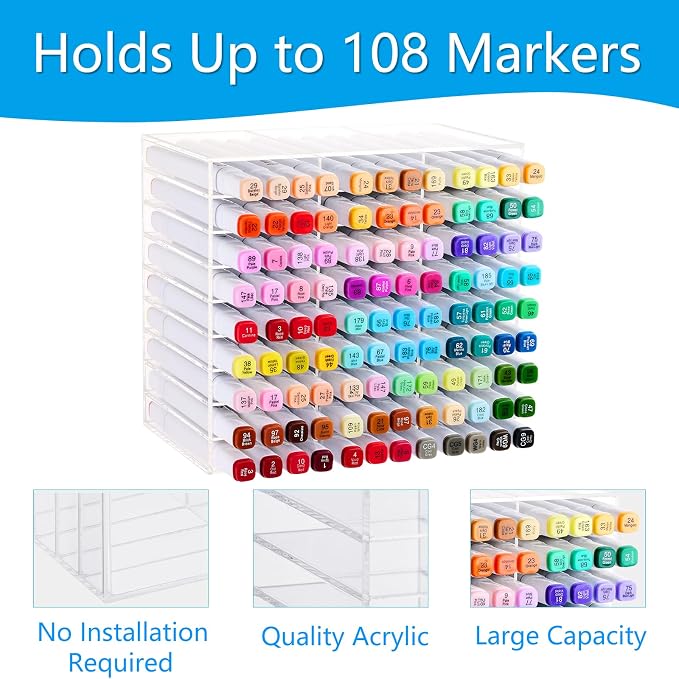Acrylic Marker Organizer for 108 Markers, Large Capacity Alcohol Marker Storage Rack for Desk, Horizontal Pens Pencils Holder Art Organizer with 27 Compartments for Classroom Office