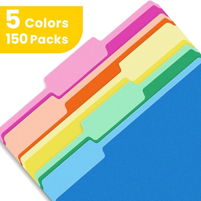 SUNEE File Folders, 150 Pack Manilla Folders 8.5 x 11, Colored File Folders Home Office School Supplies for Documents Files Paper, 5 Assorted Colors