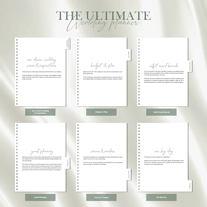 Wedding Planner Book and Organizer for Bride - Elegant Linen Cover Wedding Planning Binder with Checklists,Pockets & Calendars,Perfect Engagement Gifts for Couples(Sage)