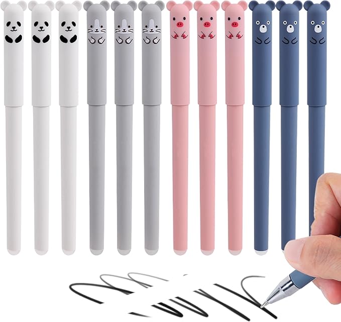 RIANCY Cute Cartoon Animal Erasable Gel Pens, 12 Pack, 0.5mm Fine Point, Refillable Black Ink Rollerball Pens for Students & Adults, Ideal for Writing, Note Taking, School & Office Supplies