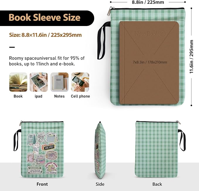 Green Checkered Collage Style Book Covers for Book Lovers with Handle Pocket, Book Club Gifts for Chritsmas, Reading Accessories for Women Friends Reader Bookish