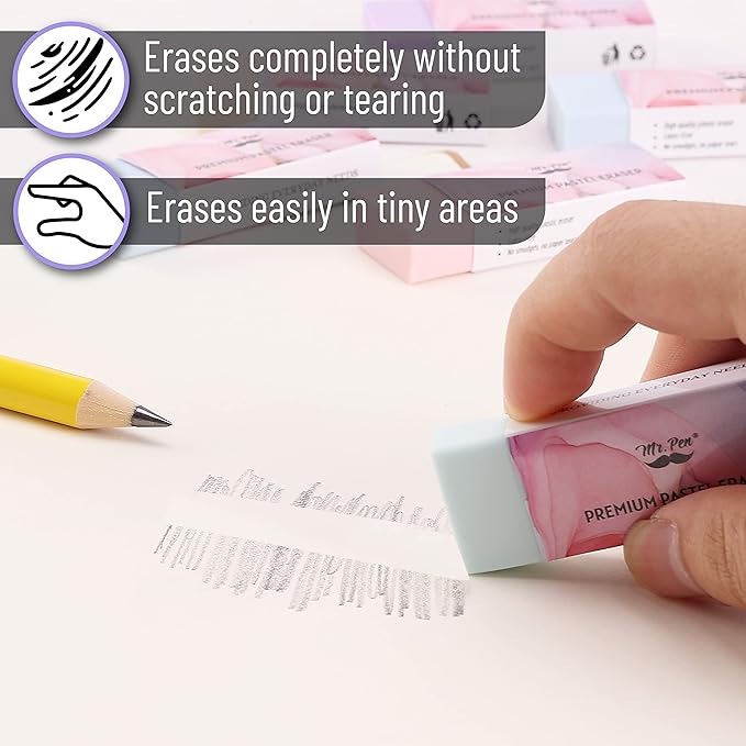 Mr. Pen- Pencil Eraser, 10 Pack, Pastel Colors, Large Latex Free Vinyl Block Erasers for School, Office, Art Sketching, Homework, Exams, Clean Smudge-Free Correction