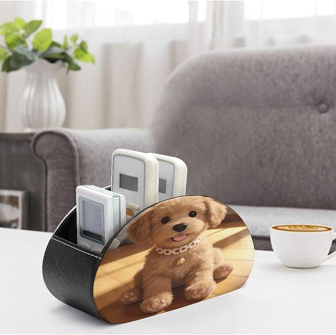 Leather Remote Control Holder with 5 Compartments Caramel TV Remote Holder Remote Caddy Storage Box Desktop Organizer for Media Player Heater Controller Office Supplies