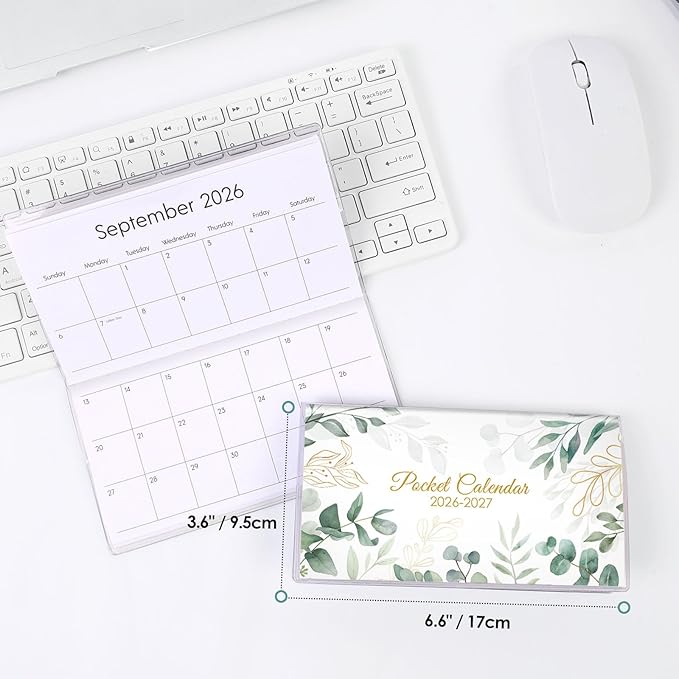 Pocket Calendar 2026-2027 for Purse, 2026-2027 Pocket Planner 24 Months with Soft Waterproof Cover and Premium Paper, 6.5" x 3.5", Leaf