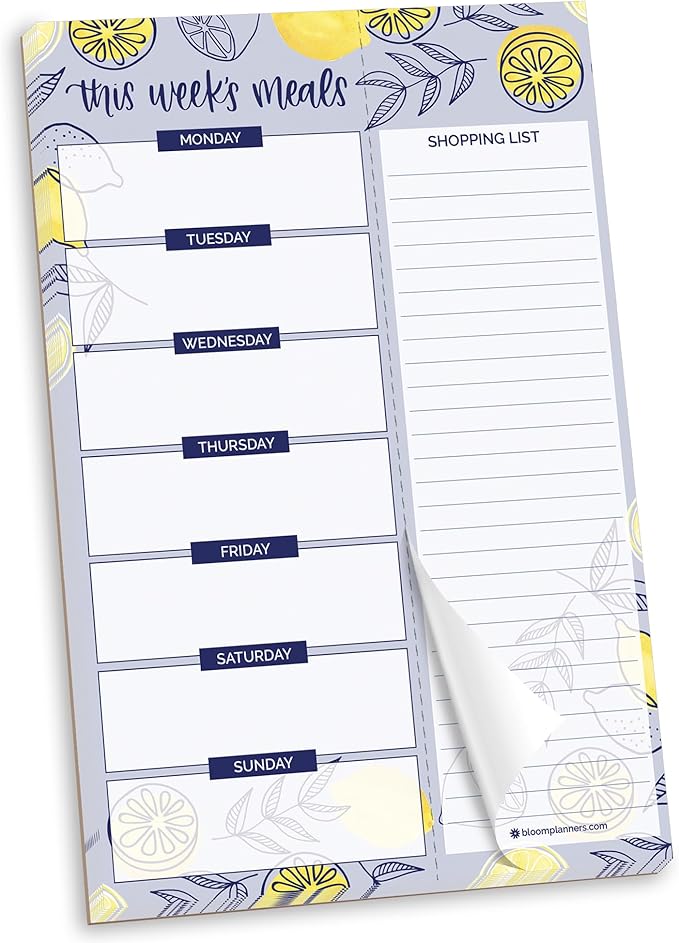 bloom daily planners Weekly Magnetic Meal Planning Pad for Fridge with Tear-Off Grocery Shopping List - Hanging Food/Menu Organizer Notepad with Magnets - 6” x 9" - Lemons