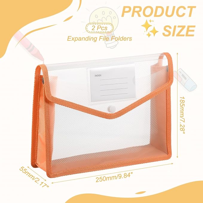 PATIKIL Plastic Expanding File Folders, 2 Pack B5 File Folder Envelopes Letter Size Document Organizer Supplies with Snap Closure for Classroom Office, Orange, Horizontal
