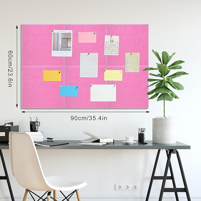 Large Cork Board 36" x 24", 6 Pack Felt Bulletin Board with 30 Pushpins, Cork Boards Alternative with Self-Adhesive Strips, Felt Wall Tiles Pin Boards for Walls Office Home School Decor-Hot Pink