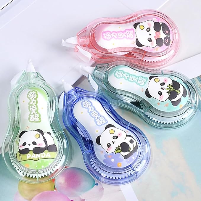 Ciieeo 4pcs Correction Tape for Students with Cartoon Panda Design, Portable Small Eraser Tape Set in Pink Blue Green and Cyan, Classroom and School Supplies for Daily Writing Correction