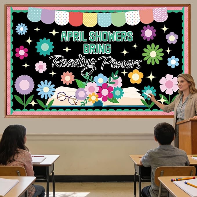April Showers Bring May Flowers Bulletin Board Decorations Set Spring Reading Classroom Decoration April Floral Bulletin Board Spring Floral Cutout for Back to School Office Home Chalkboard Wall Decor