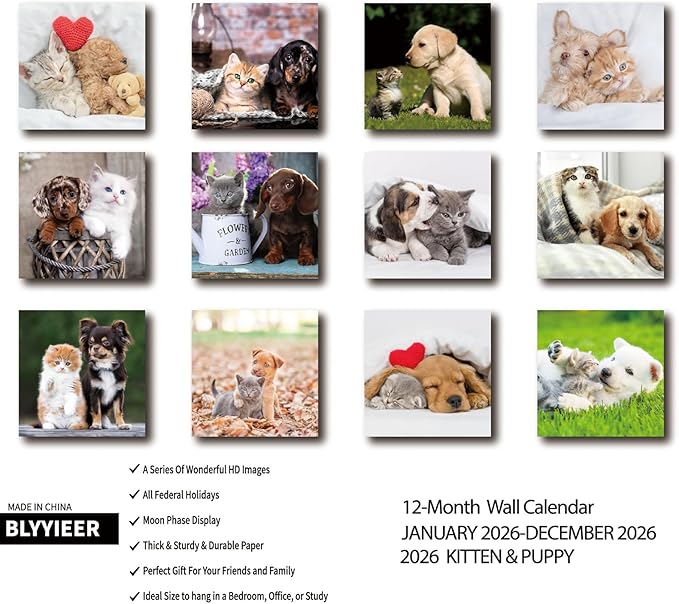 2026 Wall Calendar,Calendar 2026,Kittens & Puppies Monthly Wall Calendar, 12" x 24" Open,Family Planner Calendar Organizer with Cute kittens & Puppies Images, for Cat & Dogs Lovers