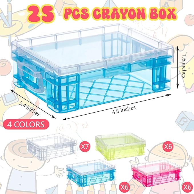 Suzile 25 Pcs Plastic Crayon Boxes with Snap Lids Crayon Storage Organizer Stackable Container Bulk Pencil Case for Pen Crafts Classroom Supplies (Clear, Pink, Blue, Green)