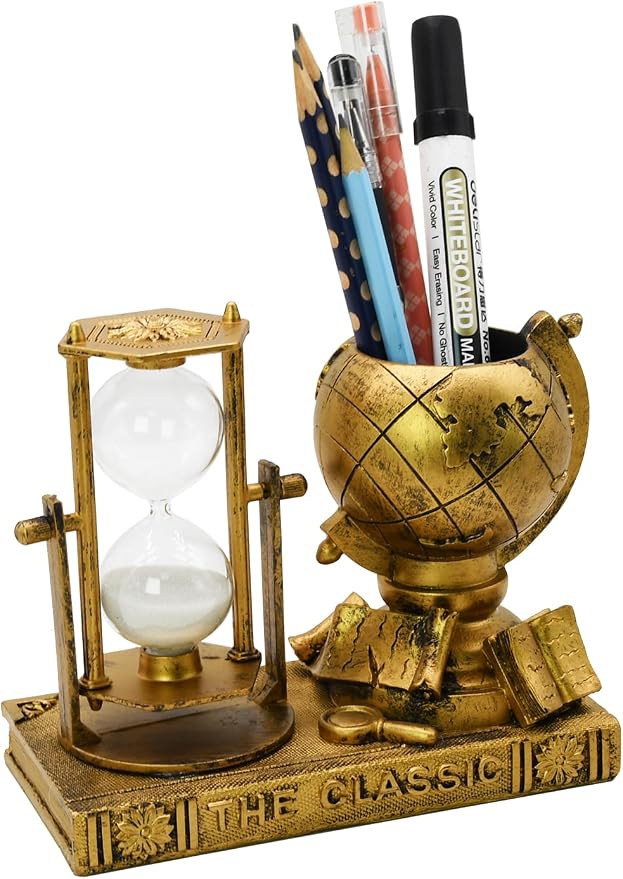 Owlgift Globe-Themed Pencil Holder with Hourglass, Resin Desktop Organizer for Office & Study, Pen Holder with Sand Timer, Classic Globe Addition Scissors Storage, Artistic Gift for Travel Lovers