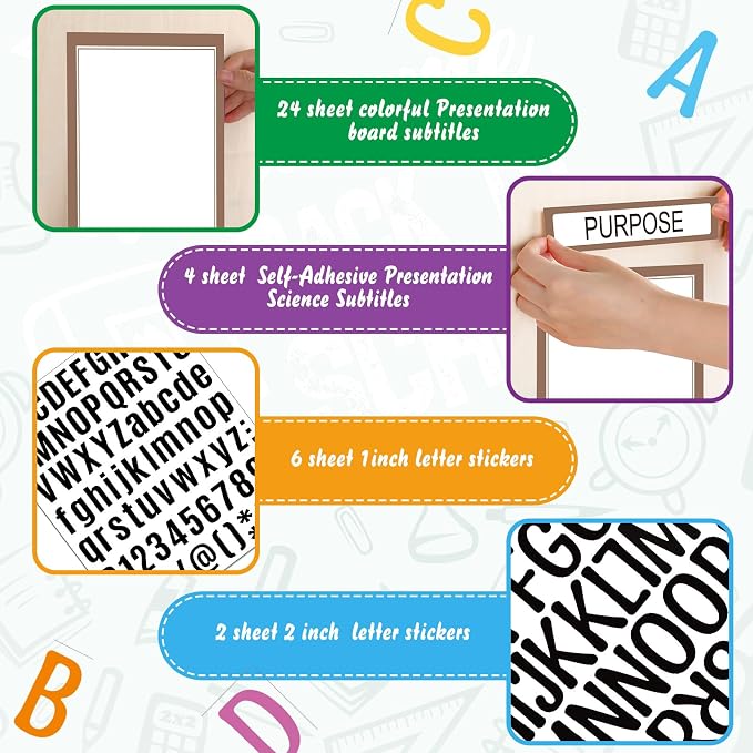 PerKoop 36 Sheets Science Fair Board Poster Boards Supplies 24 Self Adhesive Presentation Subtitles 4 Science Fair Project Titles 8 Personalized Letter Sticker for Classroom(Rustic Color)