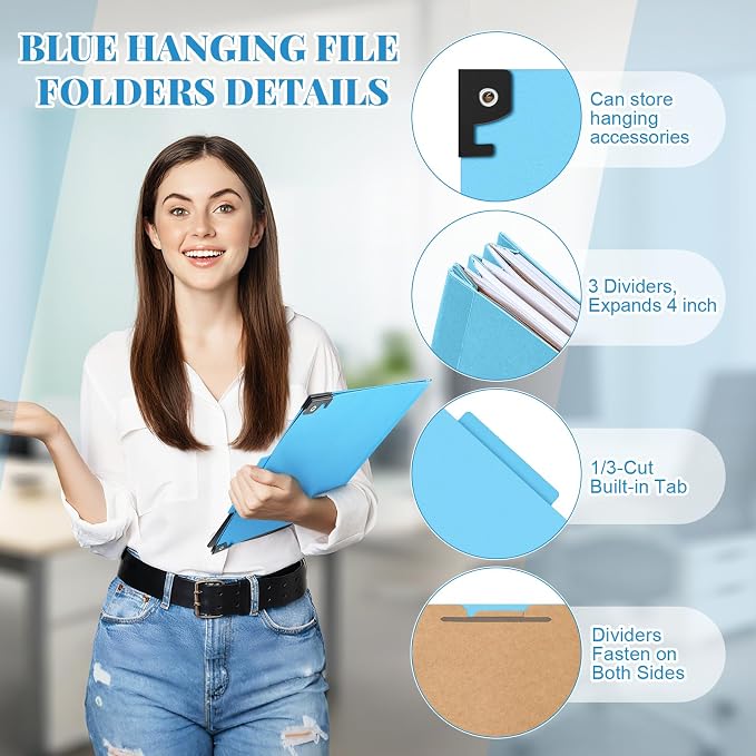 Henoyso 10 Pcs Hanging Classification File Folders, Letter Size Light Blue Folders with 3 Pressboard Dividers, 8 Fasteners, 4 Inch Expansion, 1/3-cut Top Tab for Medical Records and File Cabinet