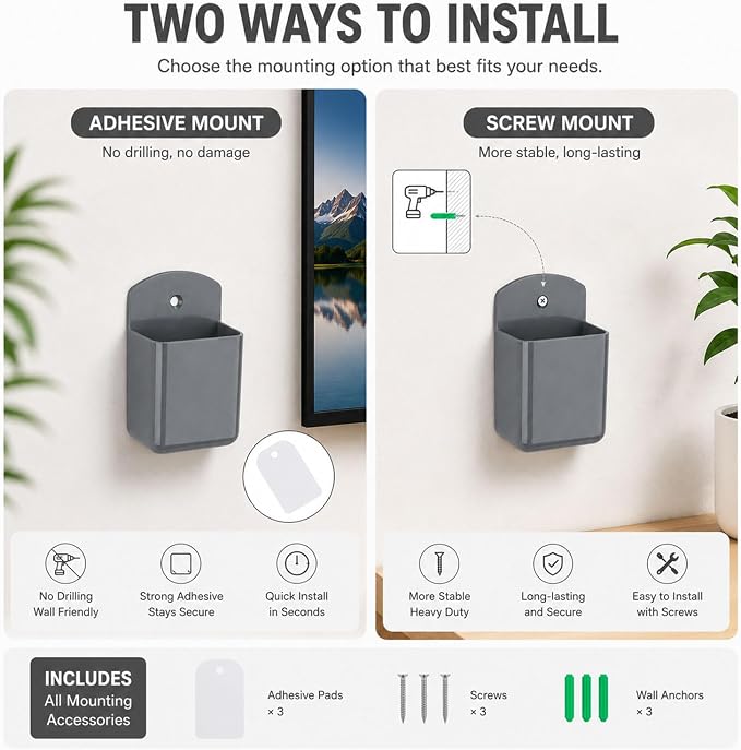3 Pack Remote Control Holder Wall Mount, Adhesive Remote Holder with Screw Installation Storage Organizer for TV/Media/Air Conditioner Remotes For Home Office School Gray