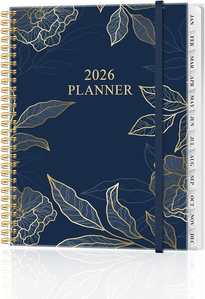 Planner 2026 - Weekly & Monthly Academic Year Planner from January 2026 to December 2026, Planner 2026 with Inner Pocket, Elastic Band, Twin-wire Binding, Perfect Daily Organizer, 8.5'' × 11'', Blue Gold Leaf
