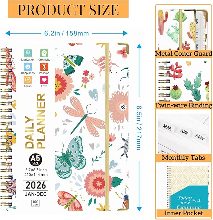 2026 Planner Weekly and Monthly,Jan 2026 to Dec 2026,A5 Hardcover Academic Appointment Book with Tabs,100GSM Thick Paper,Back Pocket & Bookmark Ruler,Cute Floral Butterfly Agenda for Women Teachers Students