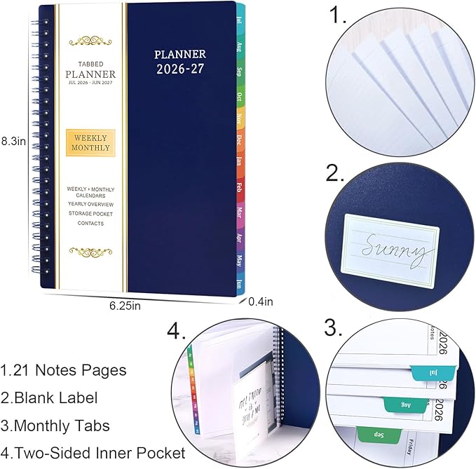 Planner 2026-2027 - 2026-2027 Planner Weekly and Monthly with Tabs, July 2026 - June 2027, 6.25" × 8.3", Strong Twin-Wire Binding