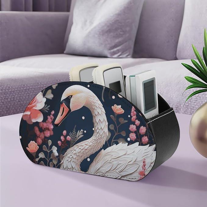 Floral Swan Remote Control Holder TV Remote Caddy with 5 Compartments PU Leather Storage Box Stylish Desk Organizer for TV/DVD/Accessories Desk Office Supplies Home