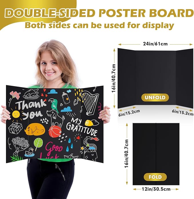 Trifold Poster Board,12 Pack 24" x 16" Black Corrugated Poster Boards,Display Board,Perfect for School Projects, Science Fairs, Event Displays, and Business Presentations