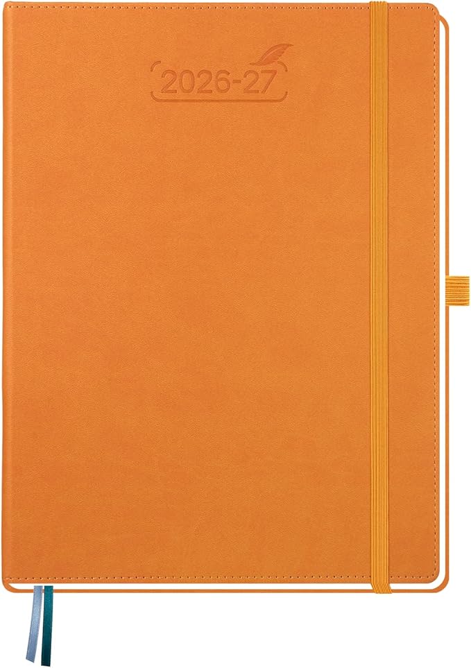 BEZEND Weekly Planner 2026-2027 (8.5" x 11") with Hourly Timeslots (Jul 26-Dec 27) 18 Months Academic Calendar & Monthly Tabs, Ideal for Students, Work & Home, PU Leather Hardcover -Orange