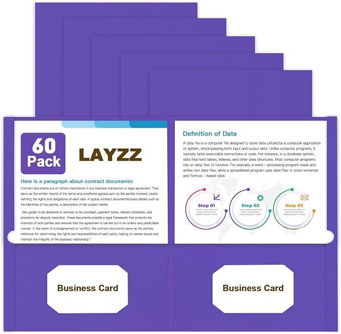 Folders with Pockets, LAYZZ 60 Pack Paper Pocket Folders, 2 Pocket File folders Fits Letter Size Paper, for School Office and Home (Purple)