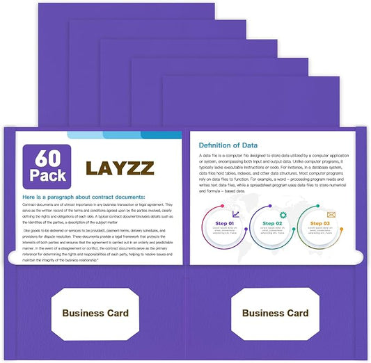 Folders with Pockets, LAYZZ 60 Pack Paper Pocket Folders, 2 Pocket File folders Fits Letter Size Paper, for School Office and Home (Purple)