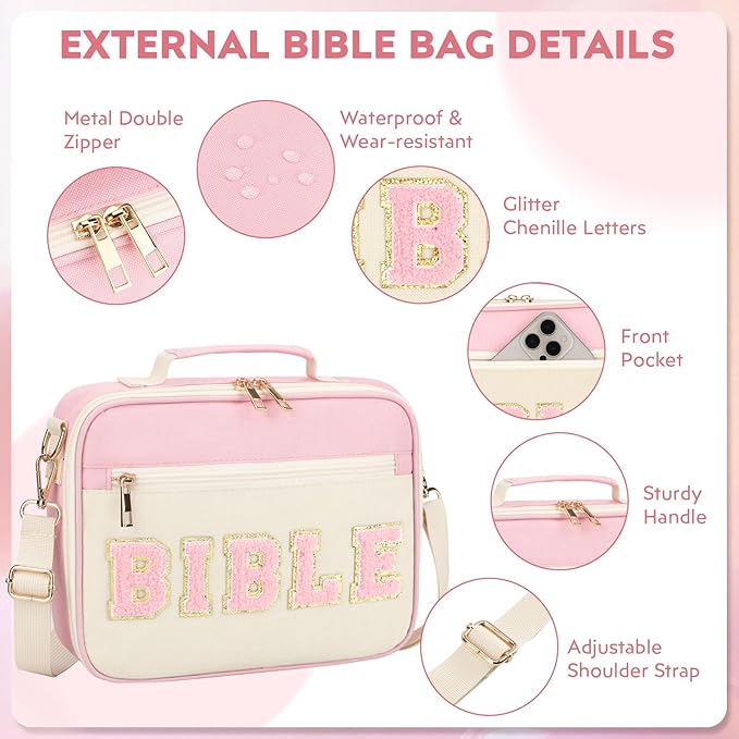 Bible Cover Case for Women Grils, Preppy Bible Bag with Adjustable Shoulder Strap, Waterproof Bible Carrying Tote Bags Holder for Bible Study Supplies Accessories & Christian Gifts (Light Pink)