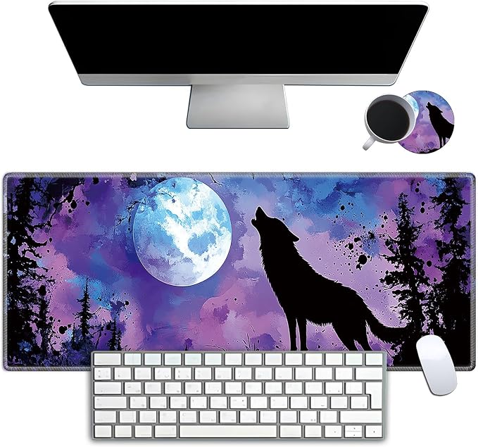 Mouse Pad Gaming Mousepad 31.5x11.8 Inch XXL Large + Coasters,Desk Mat with Stitched Edges, Non-Slip Rubber Base, Thick Mouse Pad for Computer, Laptop, Office & Home - Night Moon Wolf