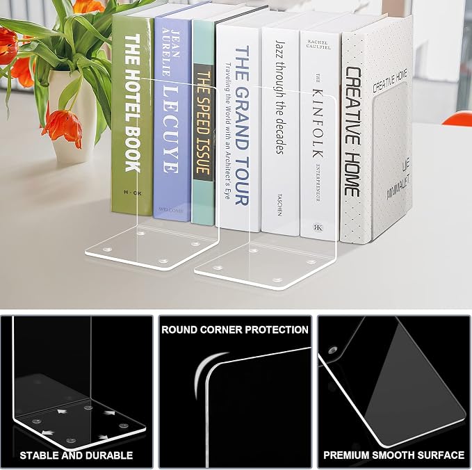 Acrylic Bookends 2 Pieces, VFINE Book Ends for Shelves, Clear Bookends for Shelves Decor Book Ends for Desktop Organizer, Book Stopper for Home Office School Supplies, 7 * 4.8 * 4.75 inch