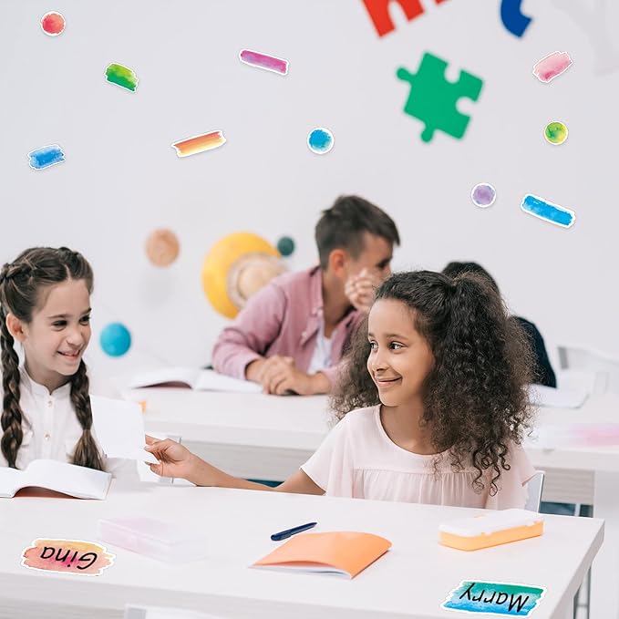 Yexiya 240 Pcs Watercolor Classroom Decor Watercolor Label Stickers for Bulletin Board Circles Rectangle Name Tag Cutouts for Teacher School Education Materials Chalkboard Wall Decor