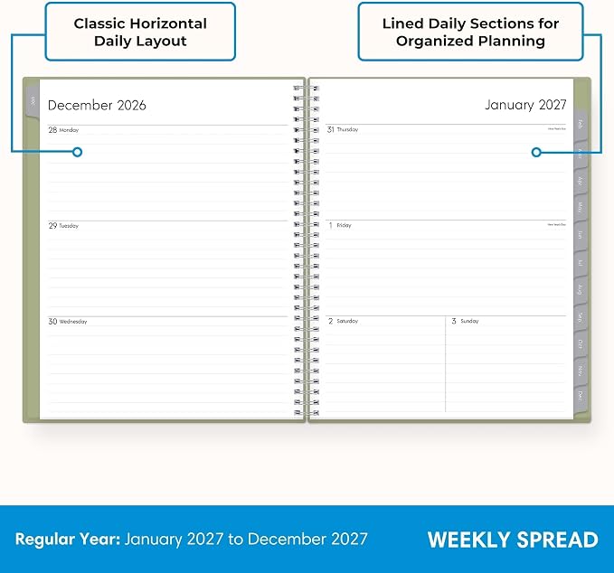 Blue Sky 2027 Weekly and Monthly Planner Calendar, Includes January 2027 - December 2027, 8.5" x 11", Flexible Cover, Wirebound, Laminated Tabs, Storage Pocket, Enterprise Sage Green