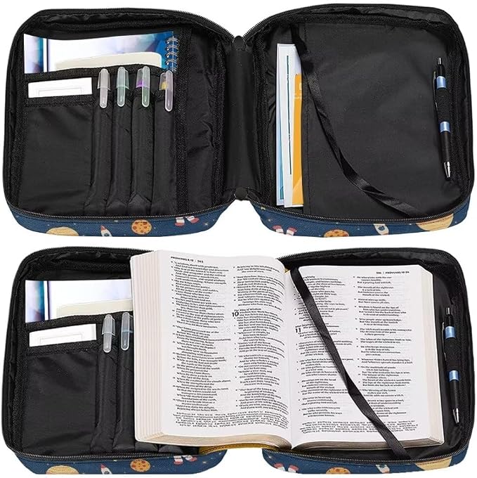 Coldinair Cartoon Bible Covers Bag for Kids,Outer Space Astronaut Carrying Book Case Church Bag Bible Holder with Handle and Zippered Pocket