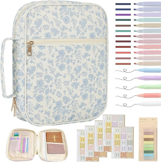 Bible Cover Case for Women Large Bible Cover Bag with Durable Handle Quilted Carrying Bible Study Supplies Accessories (Blue Floral)
