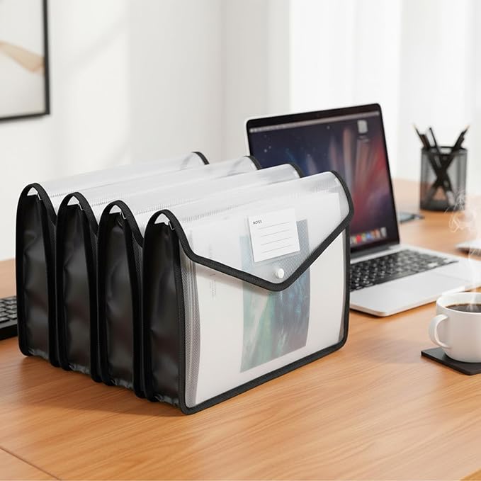 7 PCS Plastic Expanding File Folder Black Transparent Envelopes with Snap Closure File Folder Organizer Holder Large Capacity A4/Letter Size Organizer for School Office Home Storage