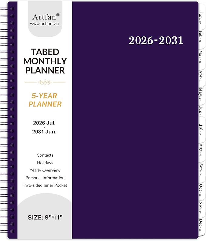 2026-2031 Monthly Planner/Monthly Calendar - 5 Year Planner from Jul. 2026 - Jun. 2031, 60 Month Planners, 9" x 11", Monthlys Calendar 2026-2031 with Tabs + Double-Side Pocket + Durable Polypropylene Cover - Purple
