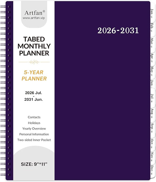 2026-2031 Monthly Planner/Monthly Calendar - 5 Year Planner from Jul. 2026 - Jun. 2031, 60 Month Planners, 9" x 11", Monthlys Calendar 2026-2031 with Tabs + Double-Side Pocket + Durable Polypropylene Cover - Purple