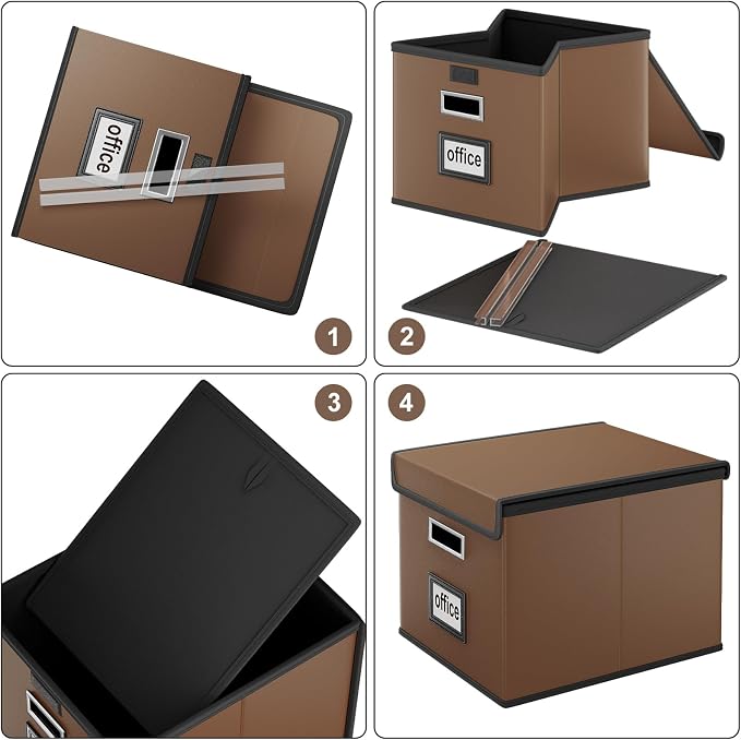 Portable Leather File Organizer Boxes with Lids, Office Document Boxes Organizer, Filing Boxes, Decorative Small File Boxes for Hanging Files with Plastic Slide for Office/Decor/Home