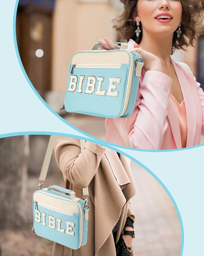 PLOZANO Bible Cover Case for Women, Large Chenille Letter Bible Bag with Shoulder Strap,Blue Bible Carrying Tote Bags for Bible Study Accessories, for Women Lady Teen Grils (Blue)