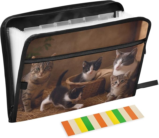 Cat Family Expanding Accordion File Folder with 13 Pockets and Zipper Closure