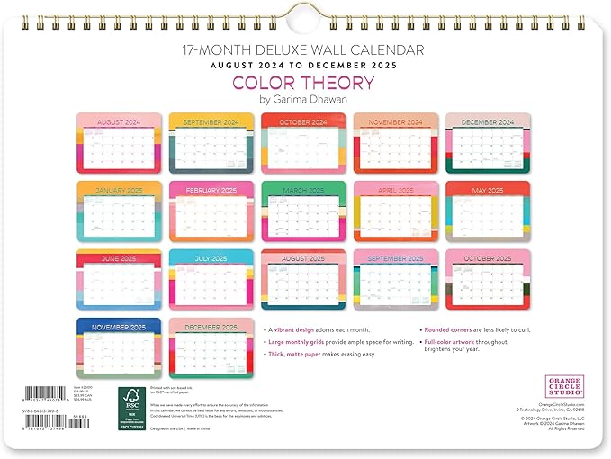 2025 Calendar - Deluxe Monthly Wall Calendar 2024-2025, Orange Circle Studio 12 Month Wall Calendar, January 2025 - December 2025, 12" x 12", Ideal for Home Office - Monthly Color Theory Prints